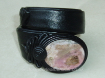 Black Leather Cuff Bracelet with Pink Rodonite Stone