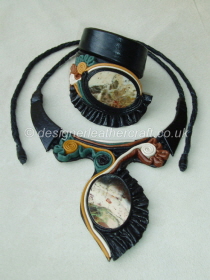 Black Leather Necklace & Bracelet wih Picture Jaspert & Coloured Trim