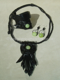 Black Leather Pendant Necklace, Cuff Bracelet & Earrings with Onyx