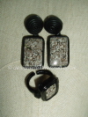 Black Leather Ring & Earrings with Pegmatite