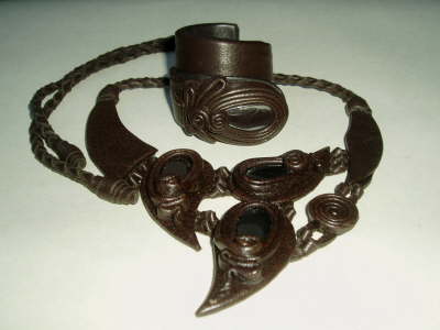 Brown Leather and Haematite Stone Necklace and Bracelet