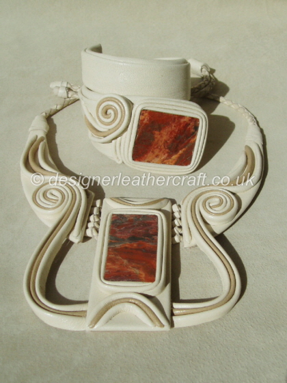 Cream Leather Necklace & Cuff Bracelet with Terracotta Jasper