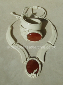 Light Cream Leather Necklace & Cuff Bracelet with Carnelian Stones