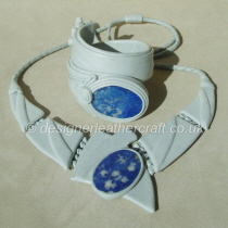 Light Grey Blue Leather Necklace & Cuff Bracelet with Lapis Lazuli Stones